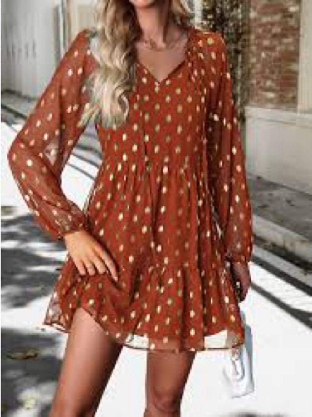 Blu Pepper Rust Mini Dress with Gold Dot Print, Small